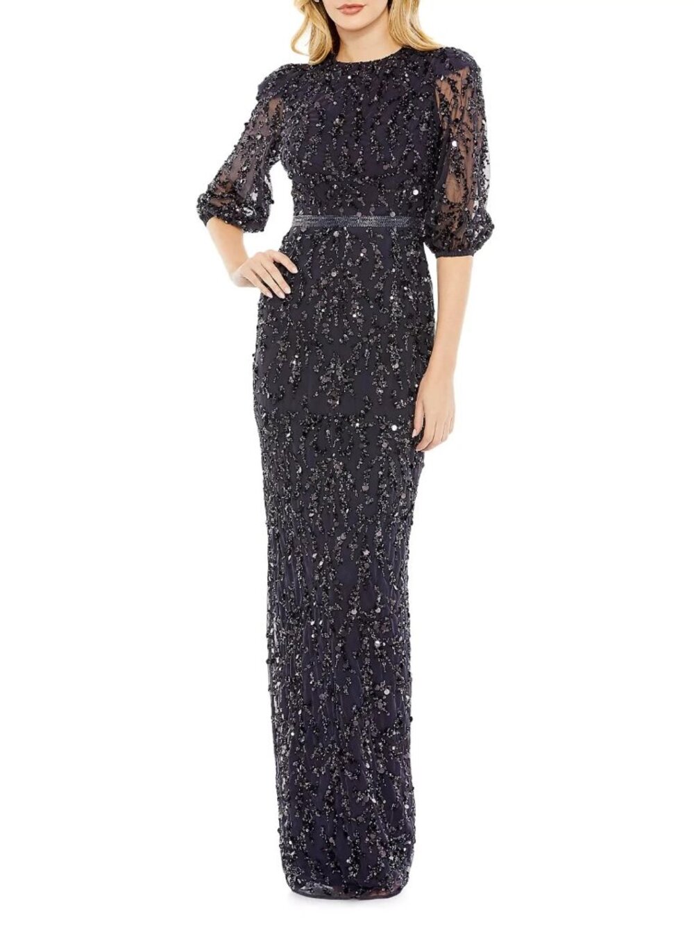 Mac Duggal Midnight Blue Sequin Sheer Sleeve Sheath Gown
